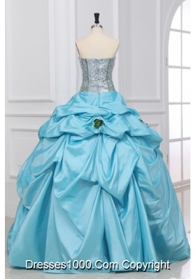 Light Blue Strapless Sequins with Hand Made Flowers Quinceanera Dress