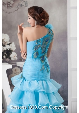 One Shoulder Blue Ruffled Prom Dress with Peacock Feather Appliques