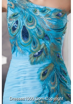 One Shoulder Blue Ruffled Prom Dress with Peacock Feather Appliques