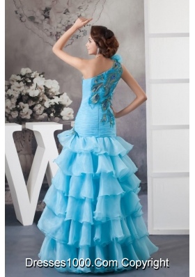 One Shoulder Blue Ruffled Prom Dress with Peacock Feather Appliques