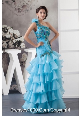 One Shoulder Blue Ruffled Prom Dress with Peacock Feather Appliques