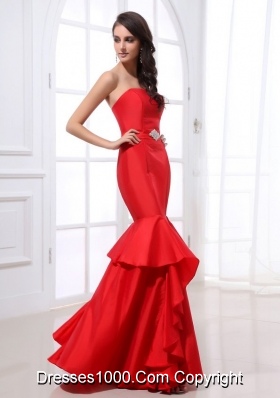 Red Strapless Prom Party Dress with Beading and Ruffles