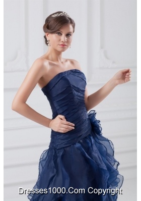 Navy Blue Strapless Ruffles High-low Style Prom Dress