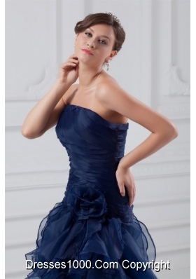 Navy Blue Strapless Ruffles High-low Style Prom Dress