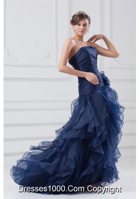 Navy Blue Strapless Ruffles High-low Style Prom Dress