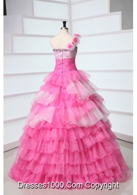 Sweet Pink One Shoulder Beading and Ruffles Layered Quinceanera Dress