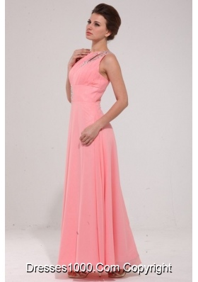 Popular Pink One Shoulder Prom Evening Dress with Beading