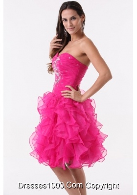 Hot Pink Princess Ruffles Beading Ruching Knee-length Cocktail Dress