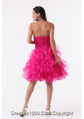 Hot Pink Princess Ruffles Beading Ruching Knee-length Cocktail Dress