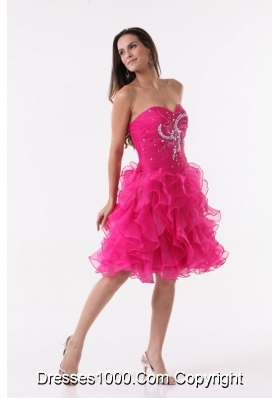 Hot Pink Princess Ruffles Beading Ruching Knee-length Cocktail Dress