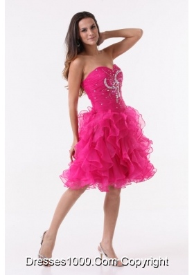 Hot Pink Princess Ruffles Beading Ruching Knee-length Cocktail Dress