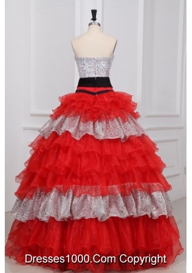 Red and White Strapless Beaded Decorate Organza Quinceanera Dress