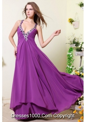 Sexy Purple V-neck Empire Chiffon Beaded Decorate Prom Dress