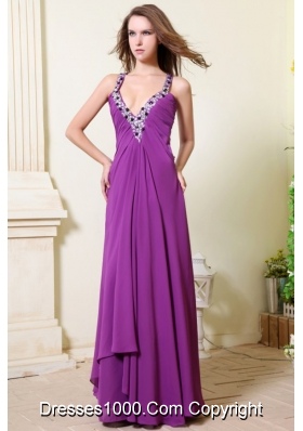 Sexy Purple V-neck Empire Chiffon Beaded Decorate Prom Dress