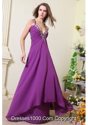 Sexy Purple V-neck Empire Chiffon Beaded Decorate Prom Dress