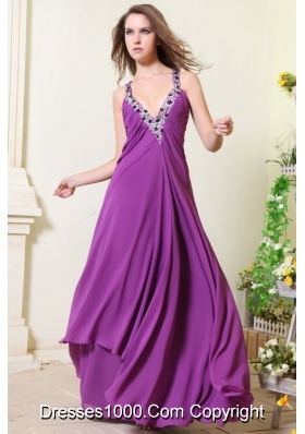 Sexy Purple V-neck Empire Chiffon Beaded Decorate Prom Dress