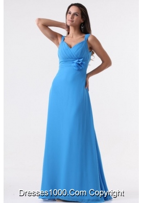 Blue Straps Ruching Hand Made Flower Decorated Chiffon Prom Dress