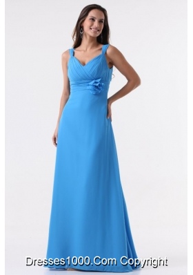 Blue Straps Ruching Hand Made Flower Decorated Chiffon Prom Dress