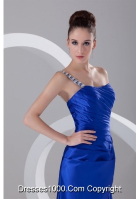 Graceful One Shoulder Appliques and Ruching Blue Prom Dress