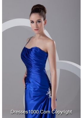 Graceful One Shoulder Appliques and Ruching Blue Prom Dress