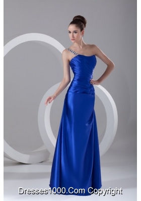 Graceful One Shoulder Appliques and Ruching Blue Prom Dress