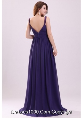 Sexy Purple Empire V-neck Ruching Floor-length Chiffon Prom Dress