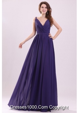 Sexy Purple Empire V-neck Ruching Floor-length Chiffon Prom Dress