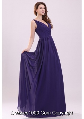 Sexy Purple Empire V-neck Ruching Floor-length Chiffon Prom Dress
