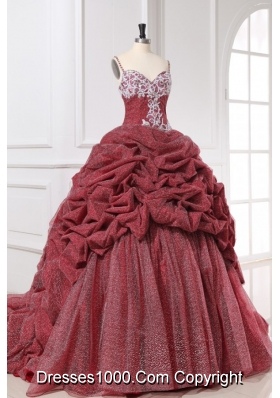 Burgundy Spaghetti Straps Appliques and Pick-ups Quinceanera Dress