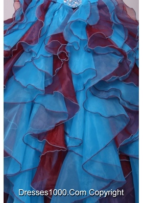 Aqua and Wine Red Strapless Beading and Ruche Quinceanera Dress