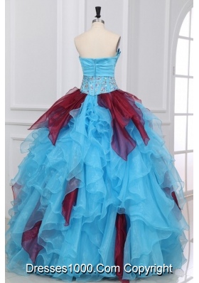 Aqua and Wine Red Strapless Beading and Ruche Quinceanera Dress