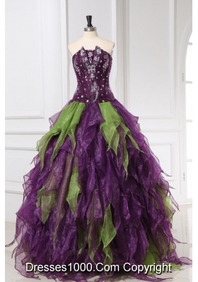 Green and Purple Strapless Organza Quinceanera Dress with Rhinestone