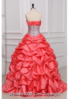 Strapless Watermelon Quinceanera Dress with Sequins and Pick-ups