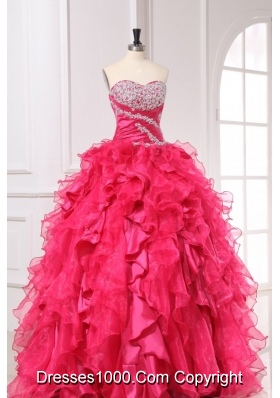 Hot Pink Sweetheart Quinceanera Dress with Beading and Ruffles