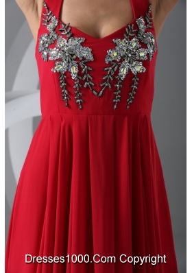 Graceful Red Empire Halter Top Prom Dress with Beading