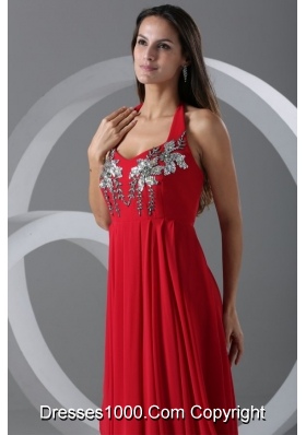 Graceful Red Empire Halter Top Prom Dress with Beading