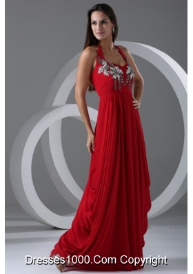 Graceful Red Empire Halter Top Prom Dress with Beading