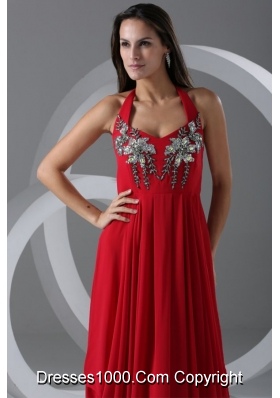 Graceful Red Empire Halter Top Prom Dress with Beading