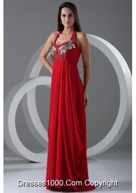 Graceful Red Empire Halter Top Prom Dress with Beading