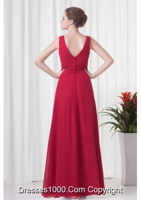 Classical Floor-length Empire V-neck Red Chiffon Prom Dress