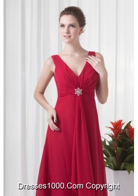 Classical Floor-length Empire V-neck Red Chiffon Prom Dress