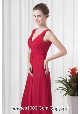 Classical Floor-length Empire V-neck Red Chiffon Prom Dress