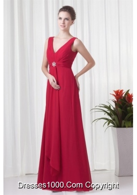 Classical Floor-length Empire V-neck Red Chiffon Prom Dress