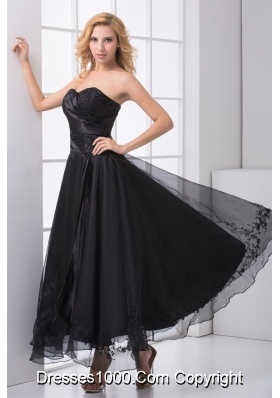 Black Strapless Ankle-length Prom Dresses with Embroidery