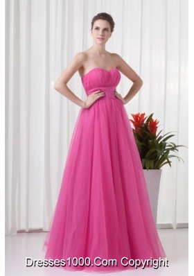 Tulle Hot Pink Ruched Long Party Dress with Sweetheart