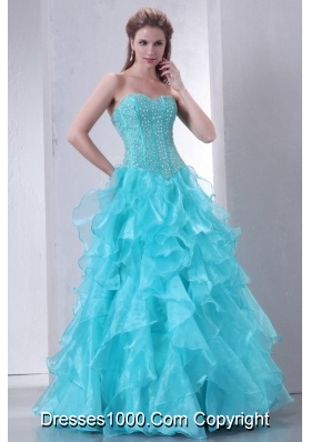 Brand New Turquoise Sweetheart Beaded and Ruffled Quinceanera Gowns