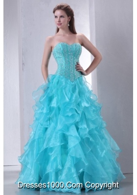 Brand New Turquoise Sweetheart Beaded and Ruffled Quinceanera Gowns