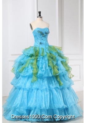 Sweet 15 Dress in Aqua Blue and Green with Appliques in Organza