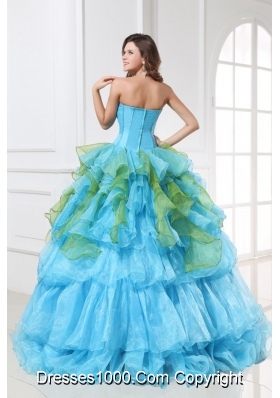 Sweet 15 Dress in Aqua Blue and Green with Appliques in Organza