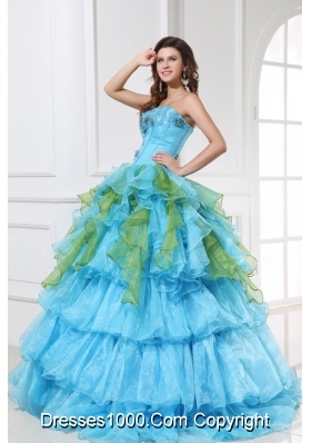 Sweet 15 Dress in Aqua Blue and Green with Appliques in Organza